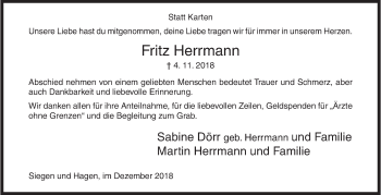 Traueranzeige von Fritz Herrmann von Siegener Zeitung