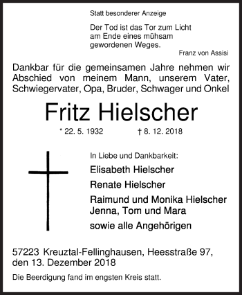 Traueranzeige von Fritz Hielscher von Siegener Zeitung