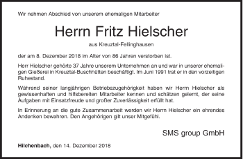 Traueranzeige von Fritz Hielscher von Siegener Zeitung