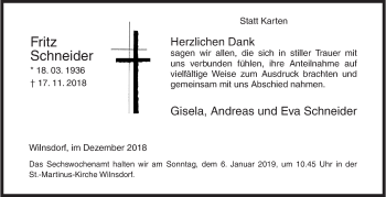 Traueranzeige von Fritz Schneider von Siegener Zeitung