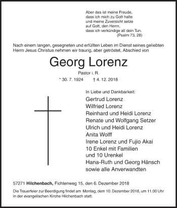 Traueranzeige von Georg Lorenz von Siegener Zeitung