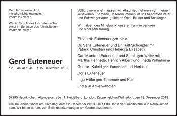 Traueranzeige von Gerd Euteneuer von Siegener Zeitung