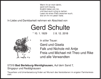 Traueranzeige von Gerd Schulte von Siegener Zeitung