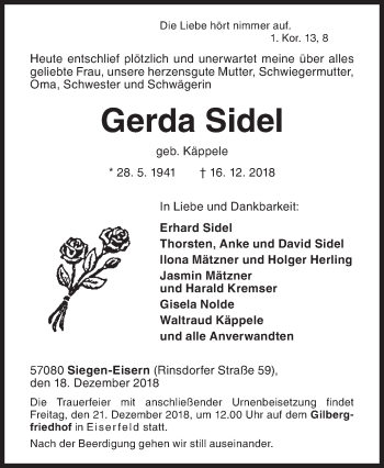 Traueranzeige von Gerda Sidel von Siegener Zeitung