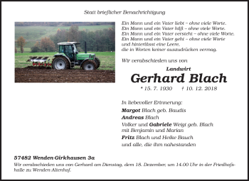 Traueranzeige von Gerhard Blach von Siegener Zeitung