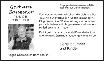 Traueranzeige von Gerhard Bäumner von Siegener Zeitung