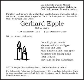 Traueranzeige von Gerhard Epple von Siegener Zeitung