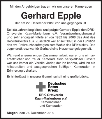 Traueranzeige von Gerhard Epple von Siegener Zeitung