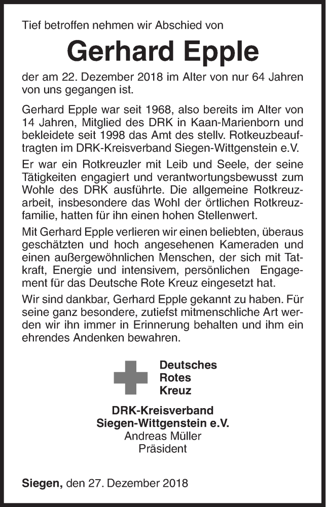  Traueranzeige für Gerhard Epple vom 27.12.2018 aus Siegener Zeitung