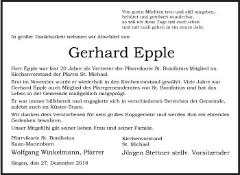 Traueranzeige von Gerhard Epple von Siegener Zeitung