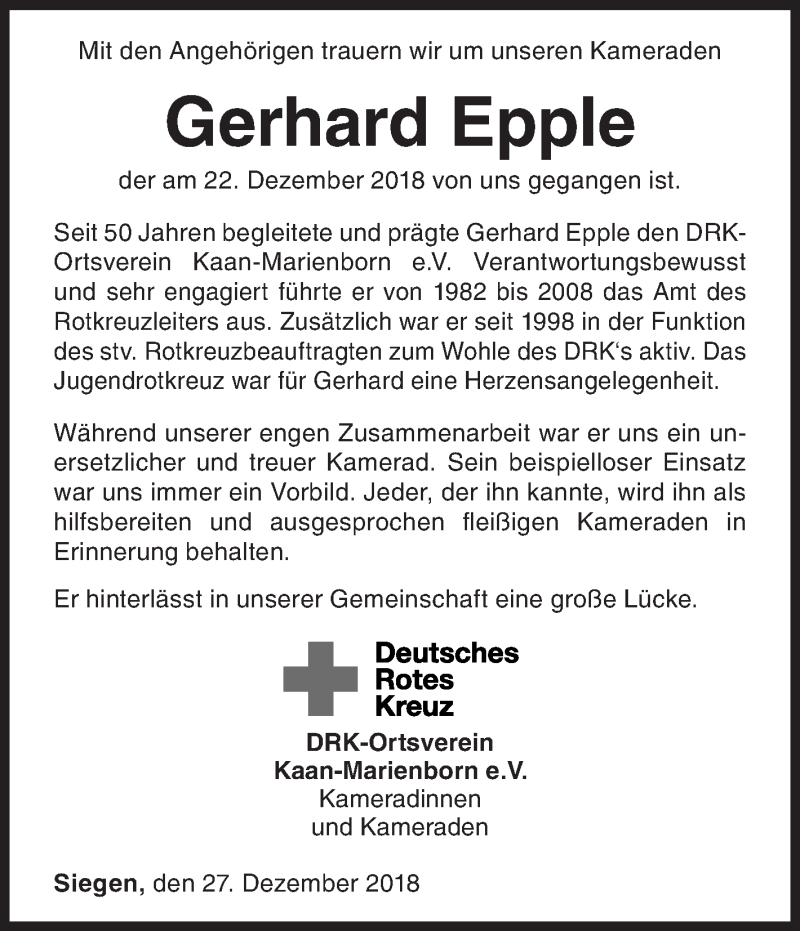  Traueranzeige für Gerhard Epple vom 27.12.2018 aus Siegener Zeitung