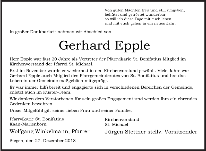  Traueranzeige für Gerhard Epple vom 27.12.2018 aus Siegener Zeitung