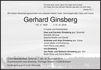 Traueranzeige von Gerhard Ginsberg von Siegener Zeitung