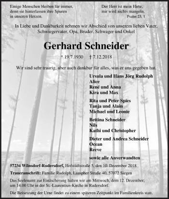 Traueranzeige von Gerhard Schneider von Siegener Zeitung