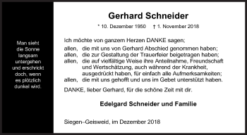 Traueranzeige von Gerhard Schneider von Siegener Zeitung