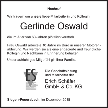 Traueranzeige von Gerlinde Oswald von Siegener Zeitung