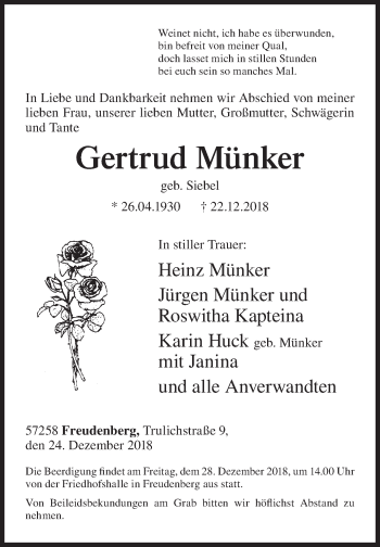 Traueranzeige von Gertrud Münker von Siegener Zeitung