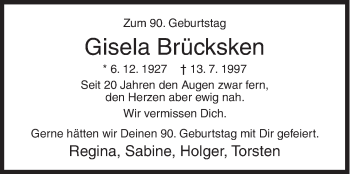 Traueranzeige von Gisela Brücksken von Siegener Zeitung