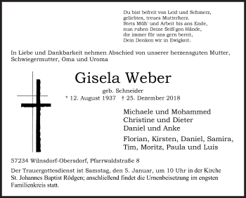 Traueranzeige von Gisela Weber von Siegener Zeitung