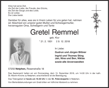 Traueranzeige von Gretel Remmel von Siegener Zeitung