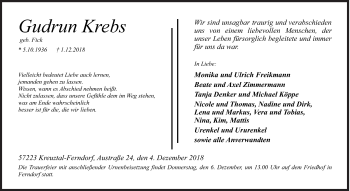 Traueranzeige von Gudrun Krebs von Siegener Zeitung