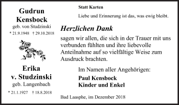 Traueranzeige von Gudrun Kensbock Erika von Studzinski von Siegener Zeitung
