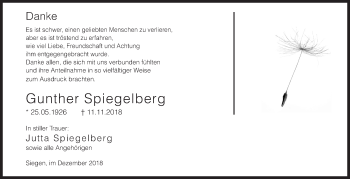 Traueranzeige von Gunther Spiegelberg von Siegener Zeitung