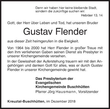 Traueranzeige von Gustav Flender von Siegener Zeitung