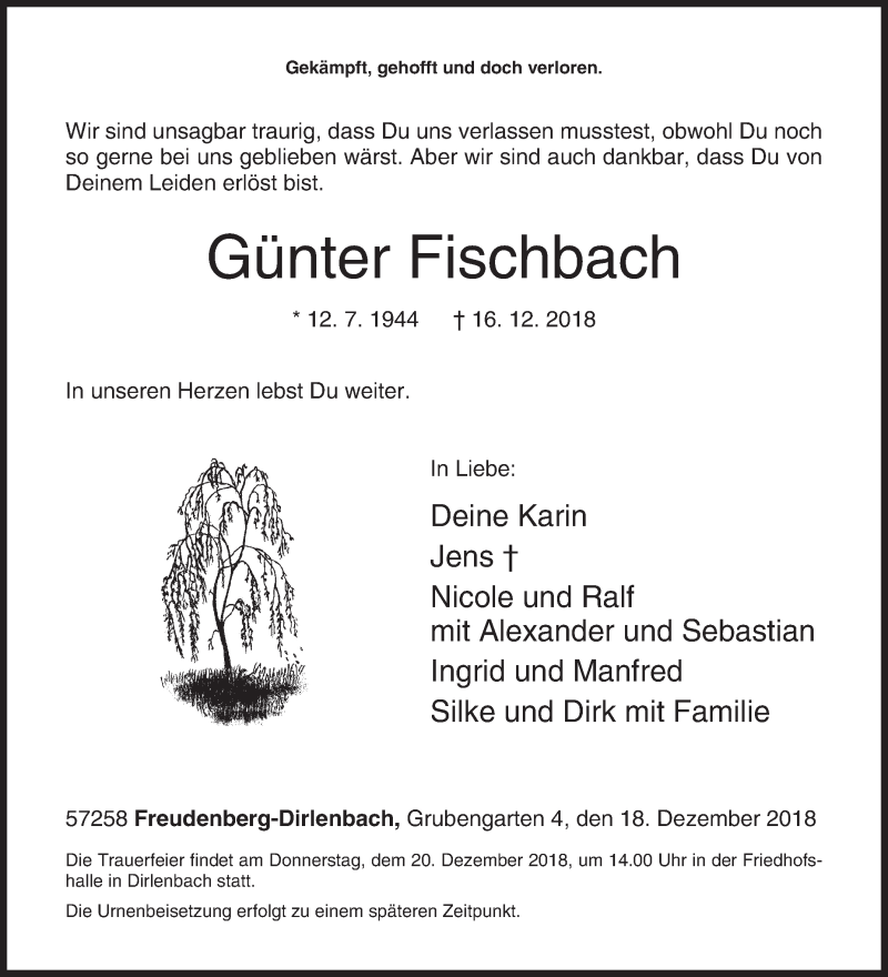  Traueranzeige für Günter Fischbach vom 18.12.2018 aus Siegener Zeitung
