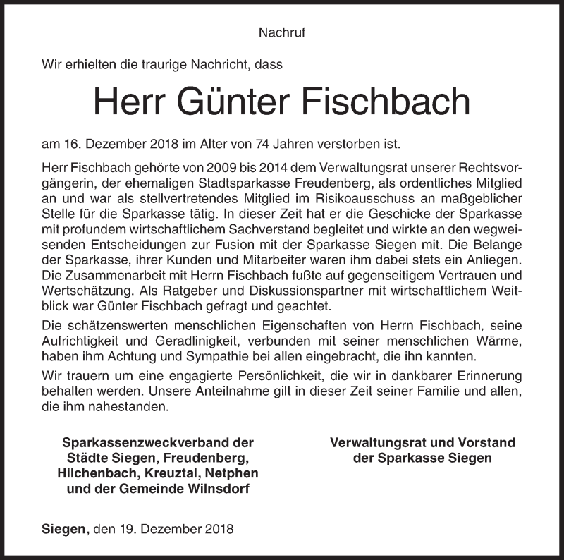  Traueranzeige für Günter Fischbach vom 19.12.2018 aus Siegener Zeitung