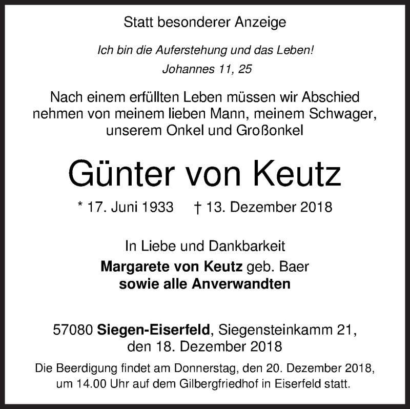  Traueranzeige für Günter von Keutz vom 18.12.2018 aus Siegener Zeitung