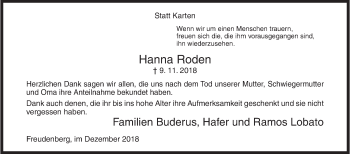Traueranzeige von Hanna Roden von Siegener Zeitung