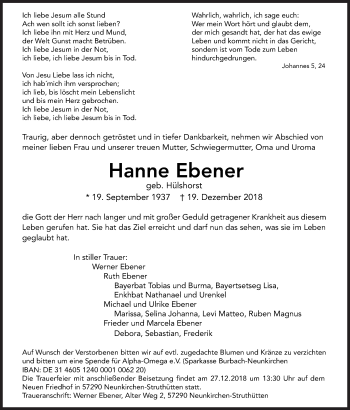 Traueranzeige von Hanne Ebener von Siegener Zeitung
