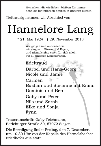 Traueranzeige von Hannelore Lang von Siegener Zeitung