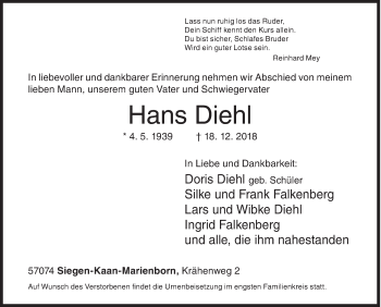 Traueranzeige von Hans Diehl von Siegener Zeitung