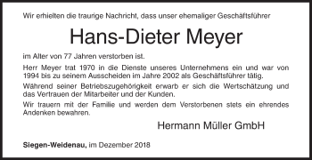 Traueranzeige von Hans-Dieter Meyer von Siegener Zeitung