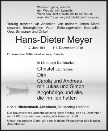 Traueranzeige von Hans-Dieter Meyer von Siegener Zeitung