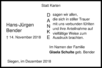 Traueranzeige von Hans-Jürgen Bender von Siegener Zeitung