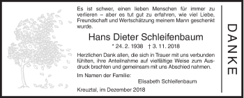 Traueranzeige von Hans Dieter Schleifenbaum von Siegener Zeitung