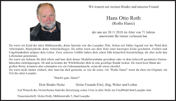 Traueranzeige von Hans Otto Roth von Siegener Zeitung