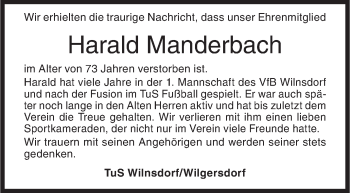 Traueranzeige von Harald Manderbach von Siegener Zeitung