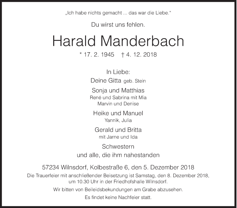  Traueranzeige für Harald Manderbach vom 05.12.2018 aus Siegener Zeitung