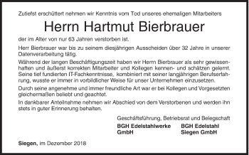 Traueranzeige von Hartmut Bierbrauer von Siegener Zeitung