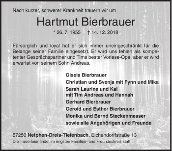 Traueranzeige von Hartmut Bierbrauer von Siegener Zeitung