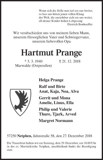Traueranzeige von Hartmut Prange von Siegener Zeitung