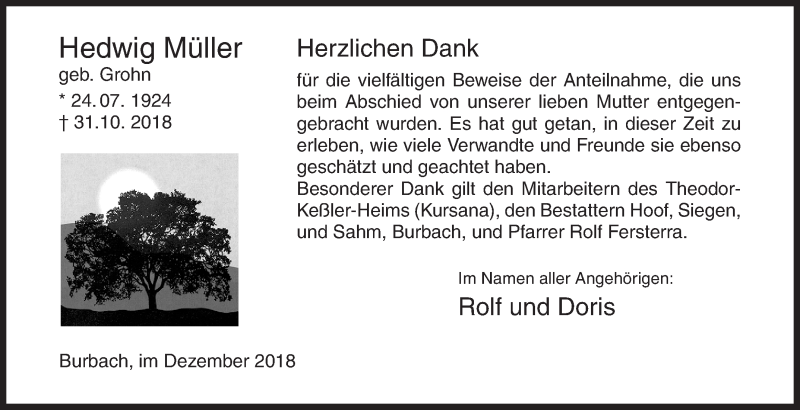  Traueranzeige für Hedwig Müller vom 22.12.2018 aus Siegener Zeitung