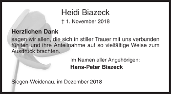 Traueranzeige von Heidi Biazeck von Siegener Zeitung