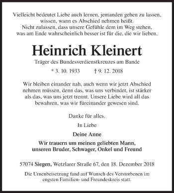 Traueranzeige von Heinrich Kleinert von Siegener Zeitung