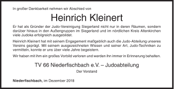 Traueranzeige von Heinrich Kleinert von Siegener Zeitung
