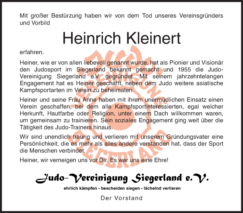  Traueranzeige für Heinrich Kleinert vom 22.12.2018 aus Siegener Zeitung